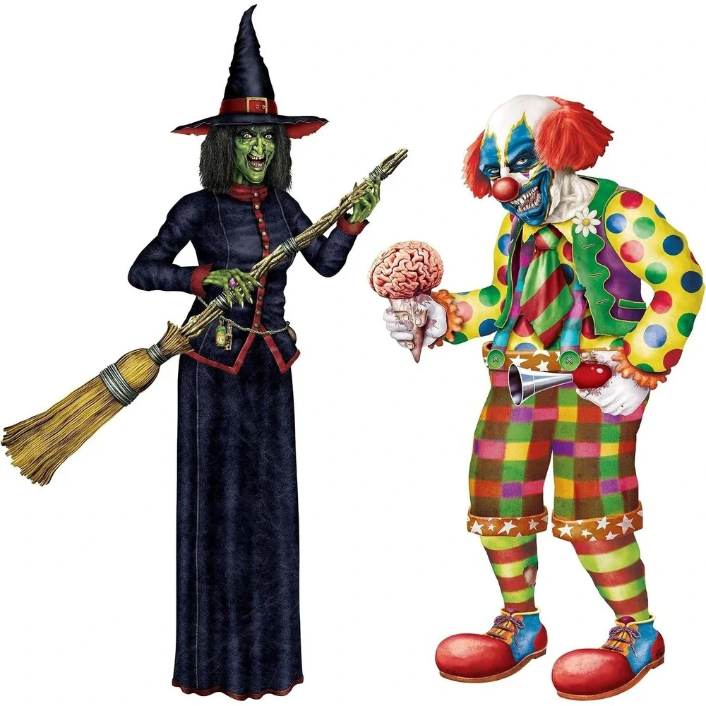 Jointed Life-Size 6' Witch & Creepy Clown Lot of 2 Halloween Decor Party Set NEW